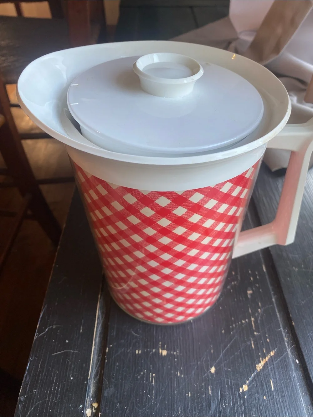 Tupperware Red Gingham Insulated Pitcher with White Lid